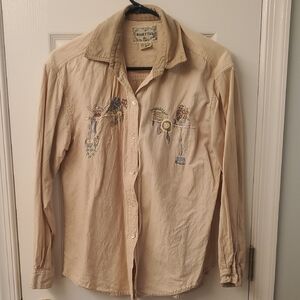 Women's Tan Embroidered Button Down Shirt